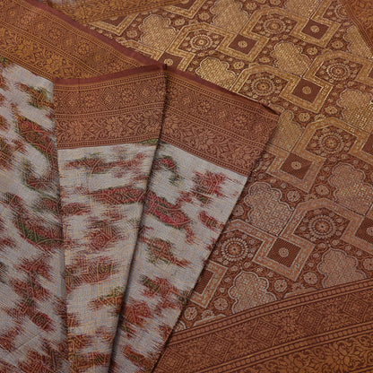 Indian Vintage Heavy Saree Brown & Gray 100% Pure Silk Hand Woven Ikat Sari Fabric 5Yard Ethnic Floral Soft Fabric zari