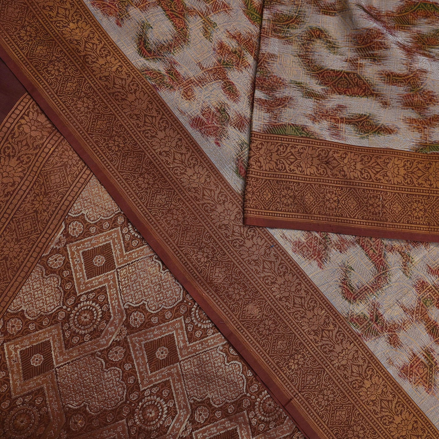 Indian Vintage Heavy Saree Brown & Gray 100% Pure Silk Hand Woven Ikat Sari Fabric 5Yard Ethnic Floral Soft Fabric zari