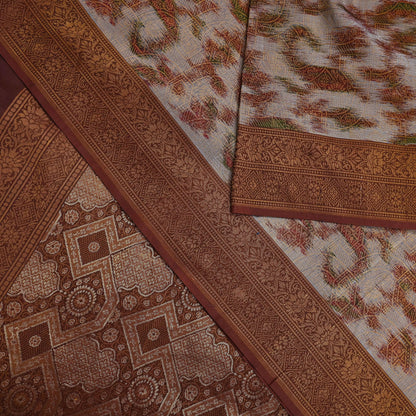 Indian Vintage Heavy Saree Brown & Gray 100% Pure Silk Hand Woven Ikat Sari Fabric 5Yard Ethnic Floral Soft Fabric zari