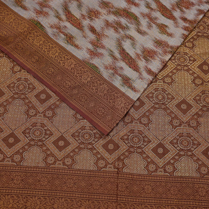 Indian Vintage Heavy Saree Brown & Gray 100% Pure Silk Hand Woven Ikat Sari Fabric 5Yard Ethnic Floral Soft Fabric zari