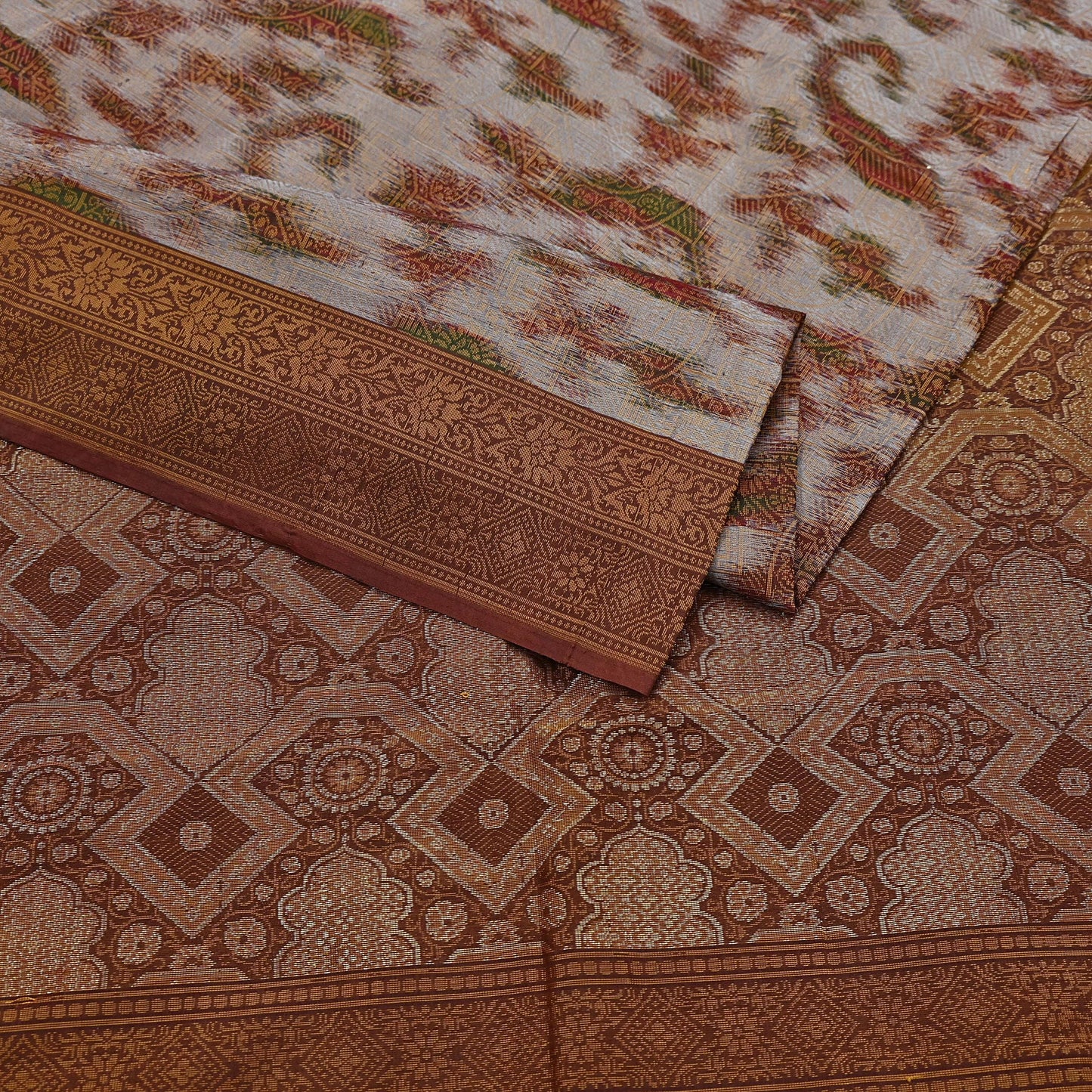 Indian Vintage Heavy Saree Brown & Gray 100% Pure Silk Hand Woven Ikat Sari Fabric 5Yard Ethnic Floral Soft Fabric zari