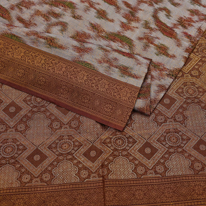 Indian Vintage Heavy Saree Brown & Gray 100% Pure Silk Hand Woven Ikat Sari Fabric 5Yard Ethnic Floral Soft Fabric zari