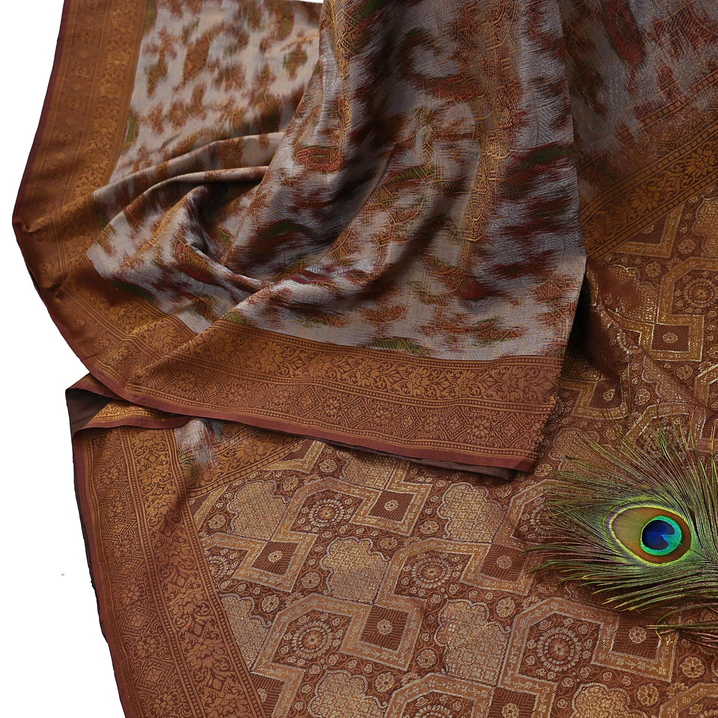 Indian Vintage Heavy Saree Brown & Gray 100% Pure Silk Hand Woven Ikat Sari Fabric 5Yard Ethnic Floral Soft Fabric zari