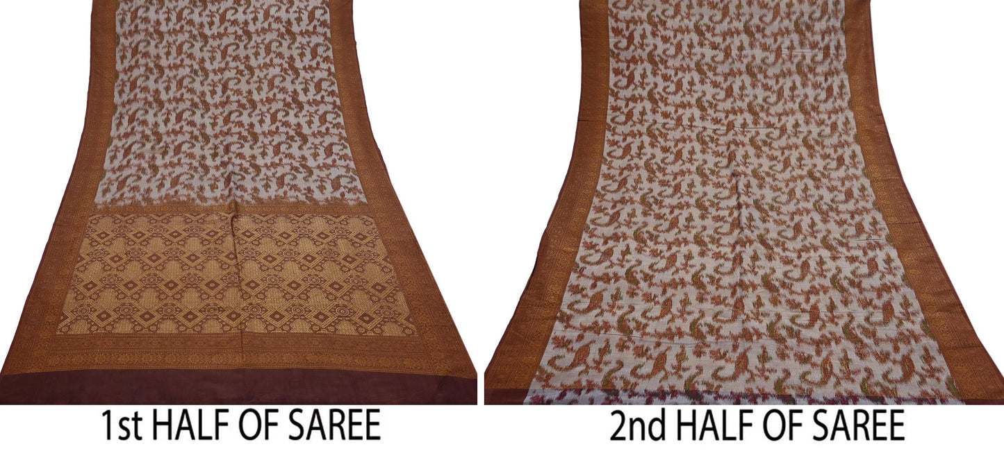 Indian Vintage Heavy Saree Brown & Gray 100% Pure Silk Hand Woven Ikat Sari Fabric 5Yard Ethnic Floral Soft Fabric zari