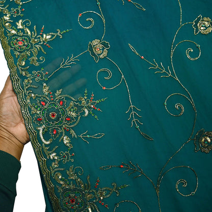 Indian Heavy Bridal Sarees Green Pure Georgette Silk Hand Embroidered Sari Fabric 5Yd Sewing Ethnic Zardozi/dabka zari Wedding sarees