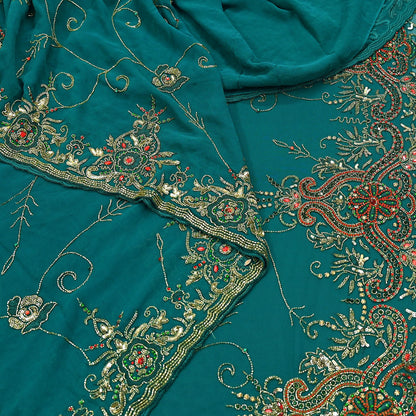 Indian Heavy Bridal Sarees Green Pure Georgette Silk Hand Embroidered Sari Fabric 5Yd Sewing Ethnic Zardozi/dabka zari Wedding sarees