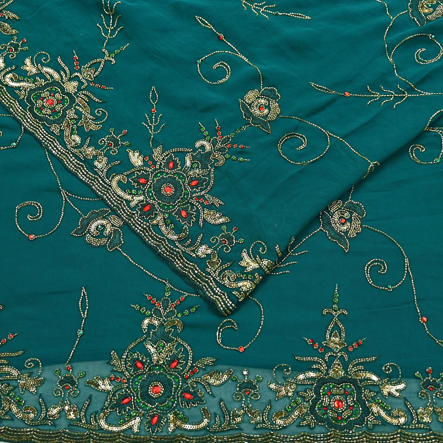 Indian Heavy Bridal Sarees Green Pure Georgette Silk Hand Embroidered Sari Fabric 5Yd Sewing Ethnic Zardozi/dabka zari Wedding sarees