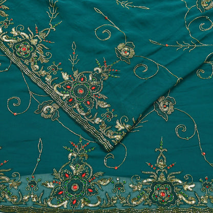 Indian Heavy Bridal Sarees Green Pure Georgette Silk Hand Embroidered Sari Fabric 5Yd Sewing Ethnic Zardozi/dabka zari Wedding sarees