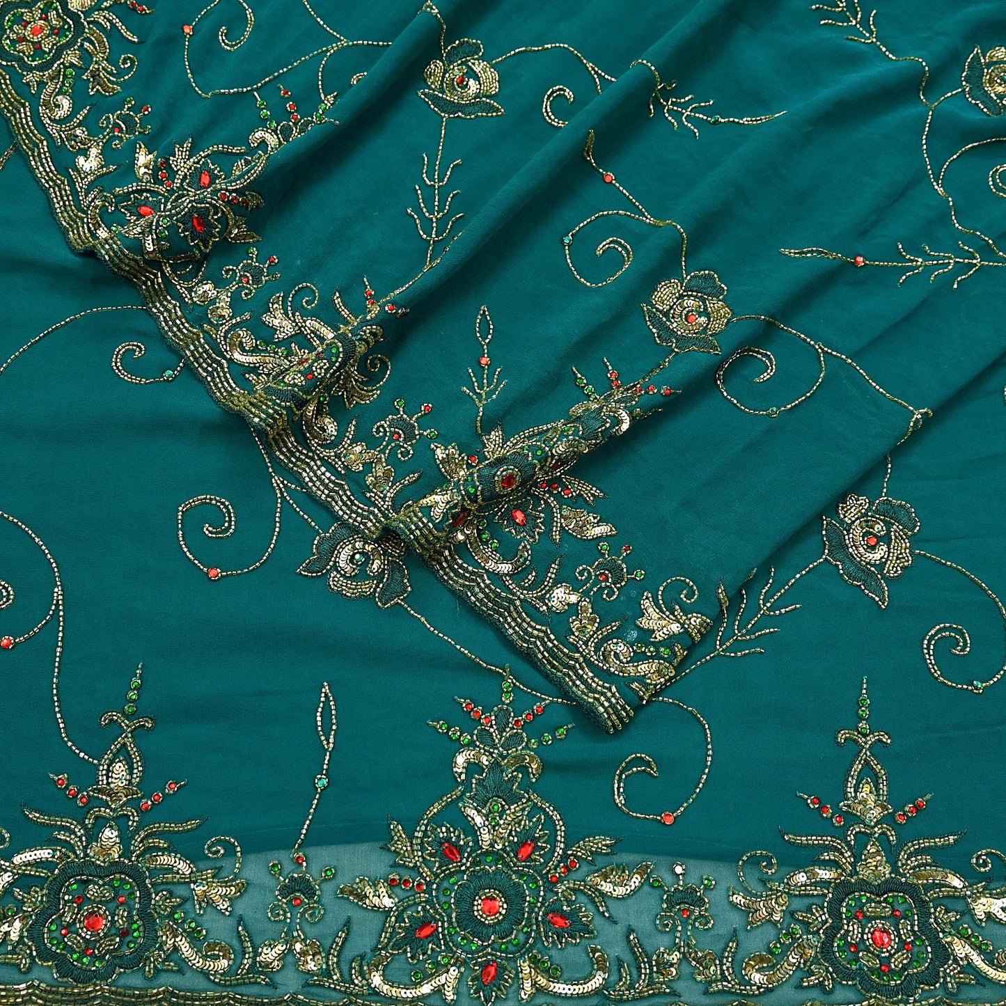 Indian Heavy Bridal Sarees Green Pure Georgette Silk Hand Embroidered Sari Fabric 5Yd Sewing Ethnic Zardozi/dabka zari Wedding sarees