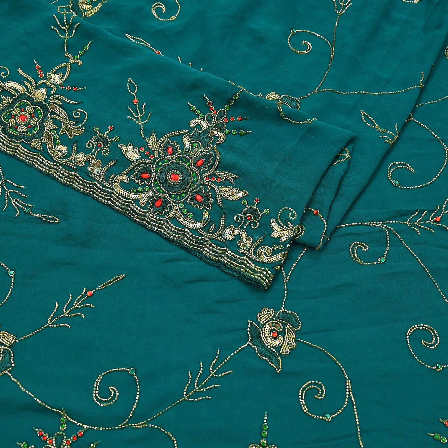 Indian Heavy Bridal Sarees Green Pure Georgette Silk Hand Embroidered Sari Fabric 5Yd Sewing Ethnic Zardozi/dabka zari Wedding sarees