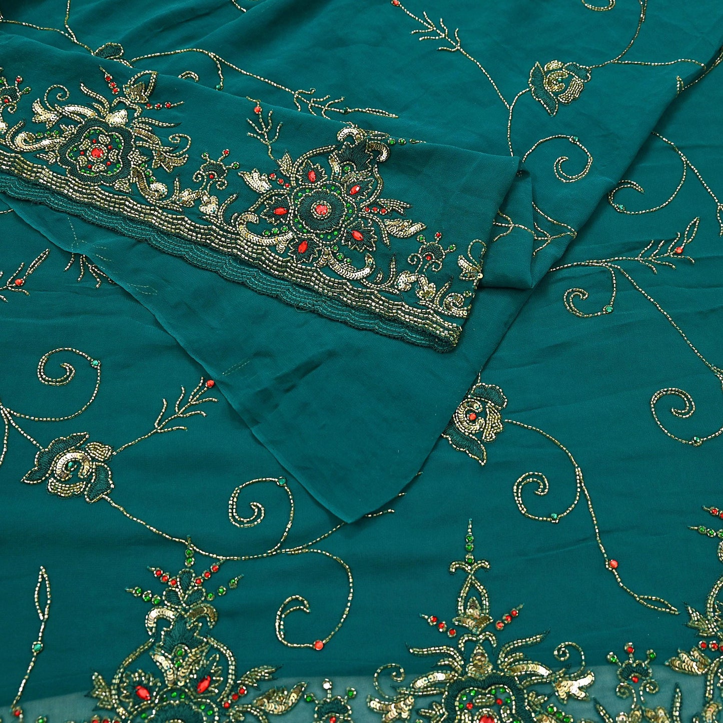 Indian Heavy Bridal Sarees Green Pure Georgette Silk Hand Embroidered Sari Fabric 5Yd Sewing Ethnic Zardozi/dabka zari Wedding sarees
