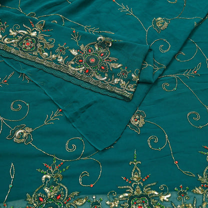 Indian Heavy Bridal Sarees Green Pure Georgette Silk Hand Embroidered Sari Fabric 5Yd Sewing Ethnic Zardozi/dabka zari Wedding sarees