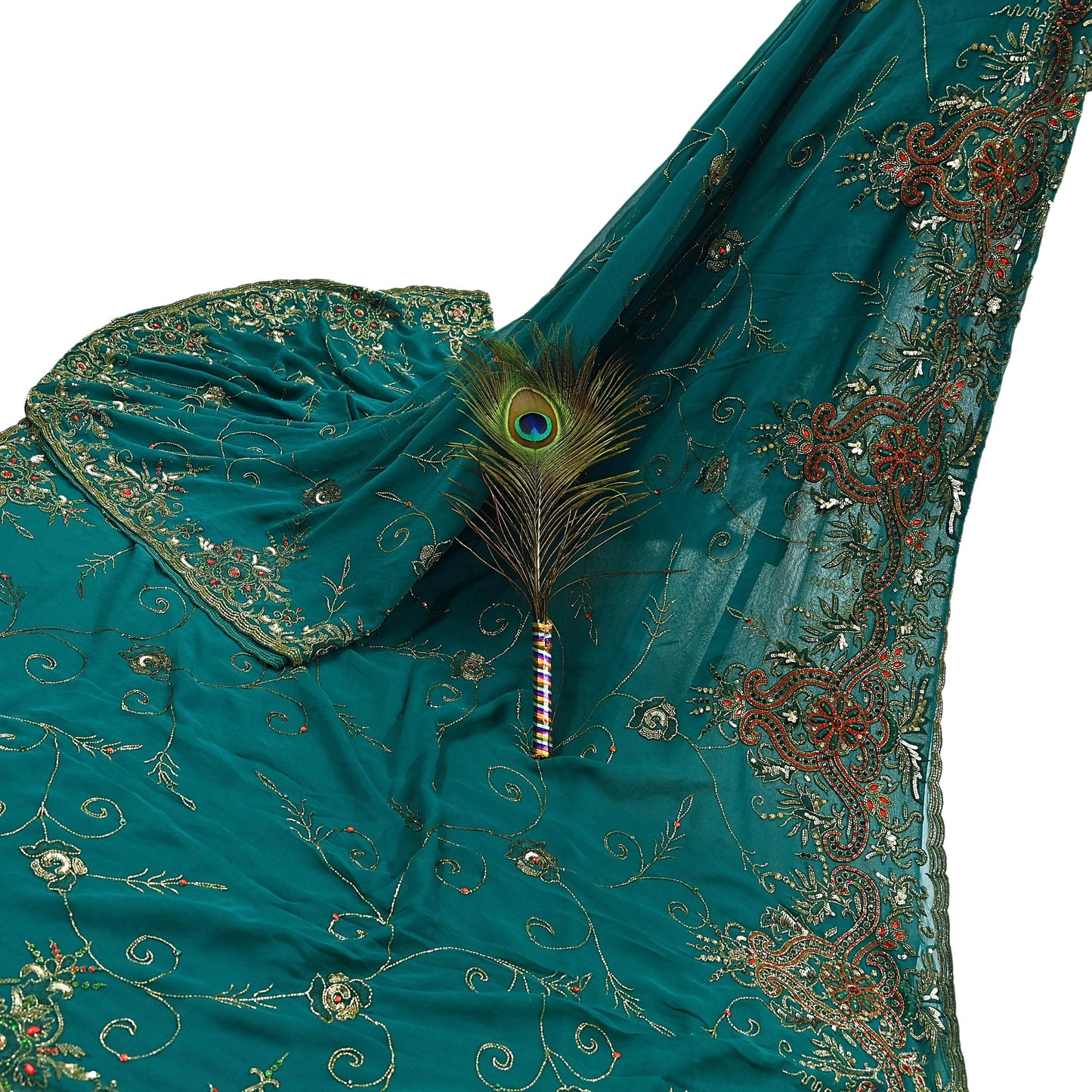 Indian Heavy Bridal Sarees Green Pure Georgette Silk Hand Embroidered Sari Fabric 5Yd Sewing Ethnic Zardozi/dabka zari Wedding sarees