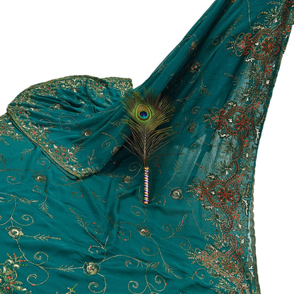 Indian Heavy Bridal Sarees Green Pure Georgette Silk Hand Embroidered Sari Fabric 5Yd Sewing Ethnic Zardozi/dabka zari Wedding sarees