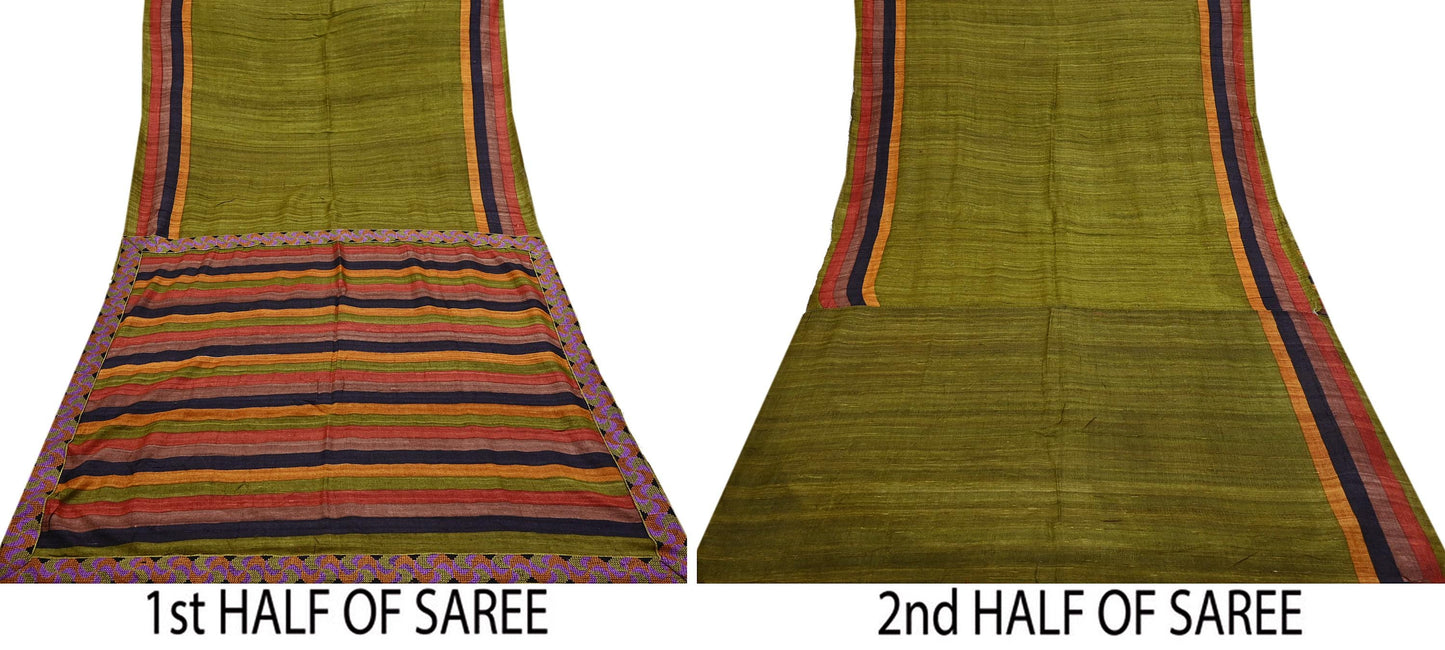 Indian Vintage Green Saree Pure Khadi Silk Handloom Printed Sari Fabric 5yd Ethnic Wear Sari Floral Designs Dress making Crafting