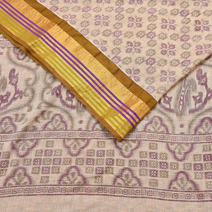 Indian Vintage Sari Beige Printed Pure Cotton Sarees Craft Fabric 5Yd Soft Sewing Sarong Wrap Boho Floral Quilting Dress making zari border