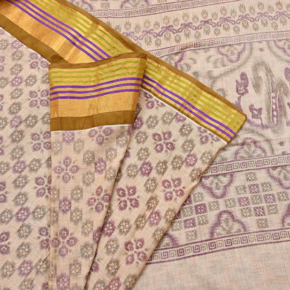 Indian Vintage Sari Beige Printed Pure Cotton Sarees Craft Fabric 5Yd Soft Sewing Sarong Wrap Boho Floral Quilting Dress making zari border