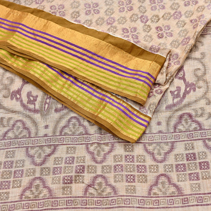 Indian Vintage Sari Beige Printed Pure Cotton Sarees Craft Fabric 5Yd Soft Sewing Sarong Wrap Boho Floral Quilting Dress making zari border