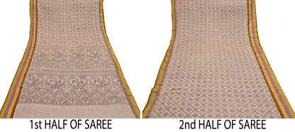 Indian Vintage Sari Beige Printed Pure Cotton Sarees Craft Fabric 5Yd Soft Sewing Sarong Wrap Boho Floral Quilting Dress making zari border
