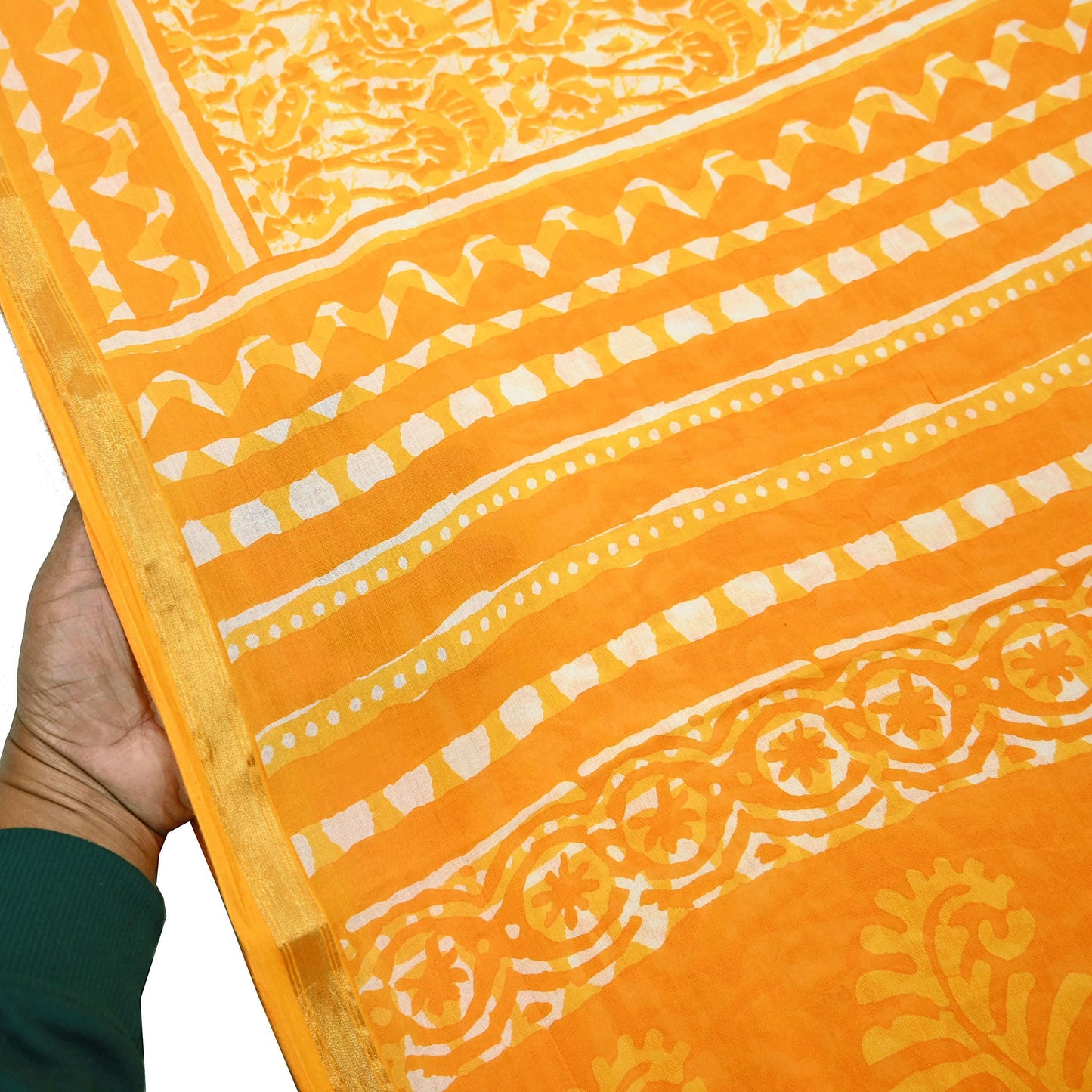 Indian Vintage Sari Yellow & white Batik Printed Pure Cotton Saree Craft Fabric 5Yd Sewing Soft Sarong Wrap Boho Dress Making Quilting