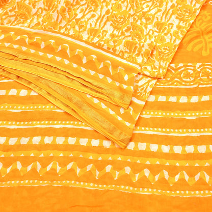 Indian Vintage Sari Yellow & white Batik Printed Pure Cotton Saree Craft Fabric 5Yd Sewing Soft Sarong Wrap Boho Dress Making Quilting