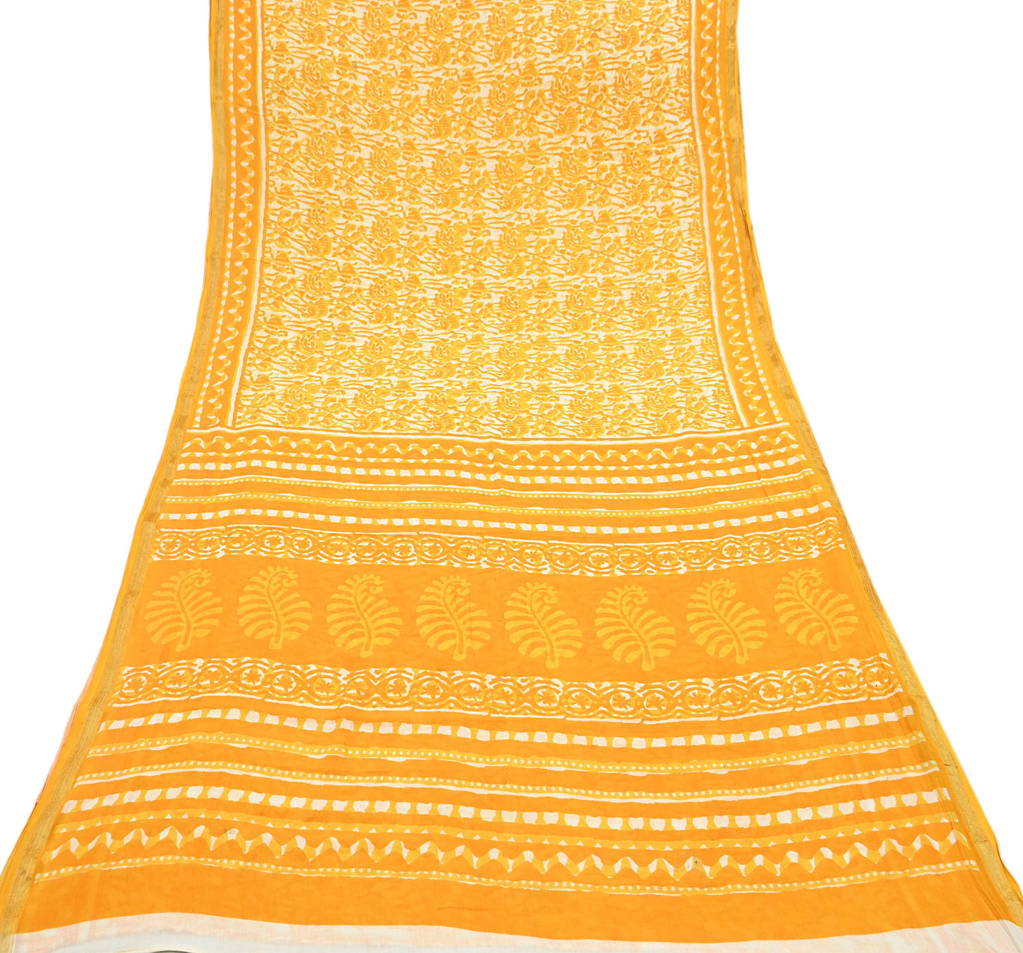 Indian Vintage Sari Yellow & white Batik Printed Pure Cotton Saree Craft Fabric 5Yd Sewing Soft Sarong Wrap Boho Dress Making Quilting