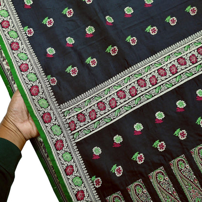 Indian Vintage Sari Black 100% Pure Silk Hand Woven Sarees Craft Fabric 5Yd Ethnic Sewing Dress making Crafting Quilting Upcycle