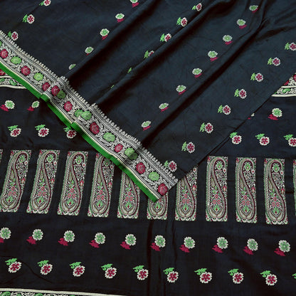 Indian Vintage Sari Black 100% Pure Silk Hand Woven Sarees Craft Fabric 5Yd Ethnic Sewing Dress making Crafting Quilting Upcycle