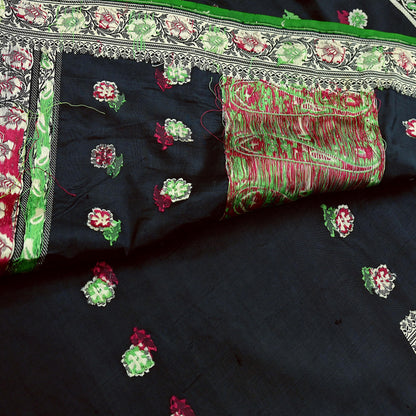 Indian Vintage Sari Black 100% Pure Silk Hand Woven Sarees Craft Fabric 5Yd Ethnic Sewing Dress making Crafting Quilting Upcycle