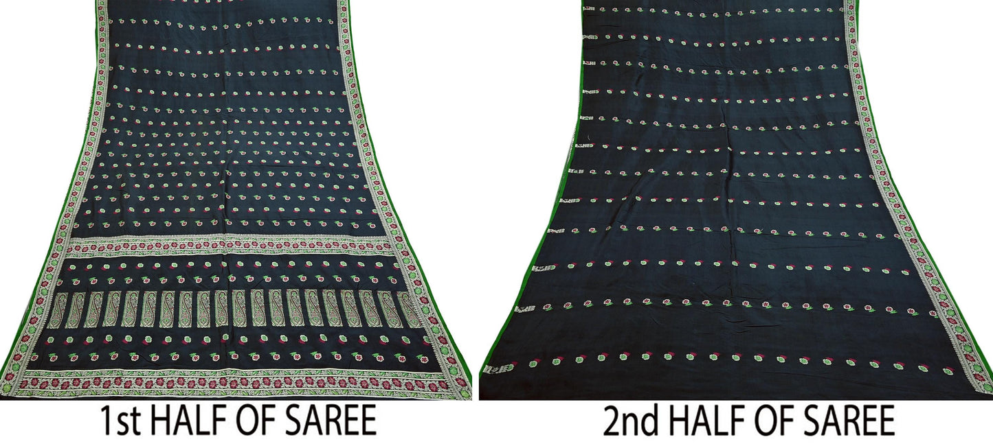 Indian Vintage Sari Black 100% Pure Silk Hand Woven Sarees Craft Fabric 5Yd Ethnic Sewing Dress making Crafting Quilting Upcycle