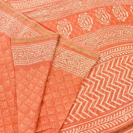 Indian Vintage Sari Orange chanderi Silk Bagru Printed Saree 6Yd Fabric Floral Soft Zari Border Ethnic Upcycle Crafting Dress making