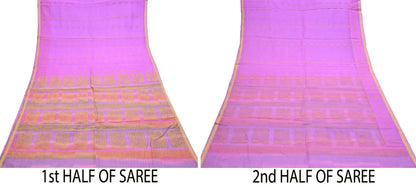 Indian Vintage Sari Purple & Pink Hand Woven 100% Pure Organza Silk Saree Craft Fabric 6Yd Dress Making Crafting Quilting Upcycle Zari