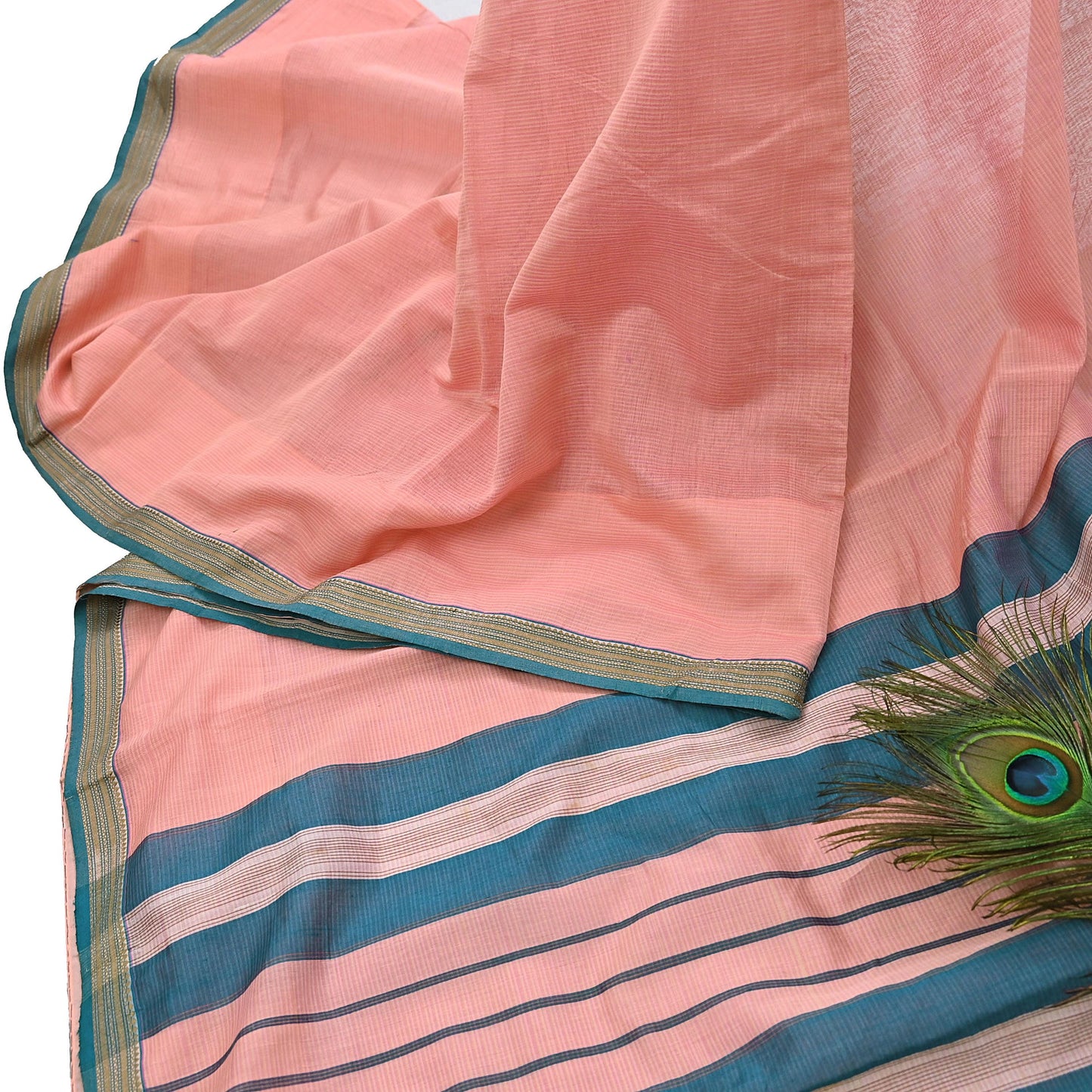 Indian Vintage Sari Peach Pure Chanderi Cotton Hand Woven Sarees 5Yd Craft Fabric Soft Sewing Sarong Dress Making Quilting Crafting