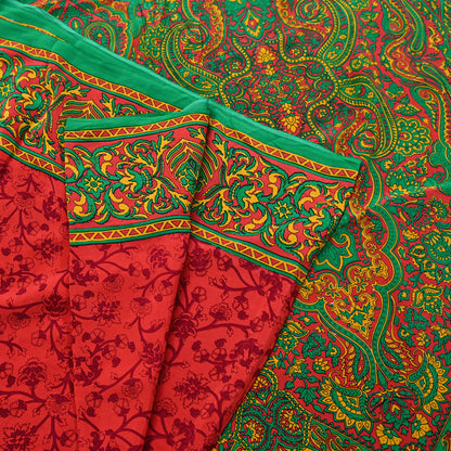 EXCELLENT QUALITY Indian Vintage Orange & Green Saree Pure Crepe Silk Printed Sari 6yd Sewing Floral Soft Craft Fabric Wrap Dress Making