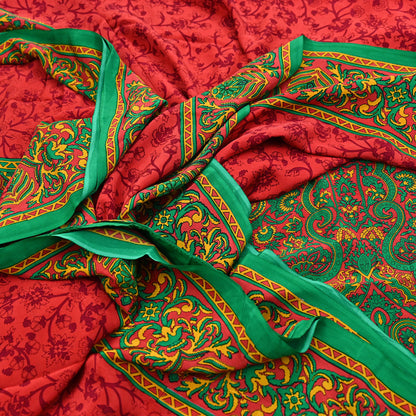 EXCELLENT QUALITY Indian Vintage Orange & Green Saree Pure Crepe Silk Printed Sari 6yd Sewing Floral Soft Craft Fabric Wrap Dress Making