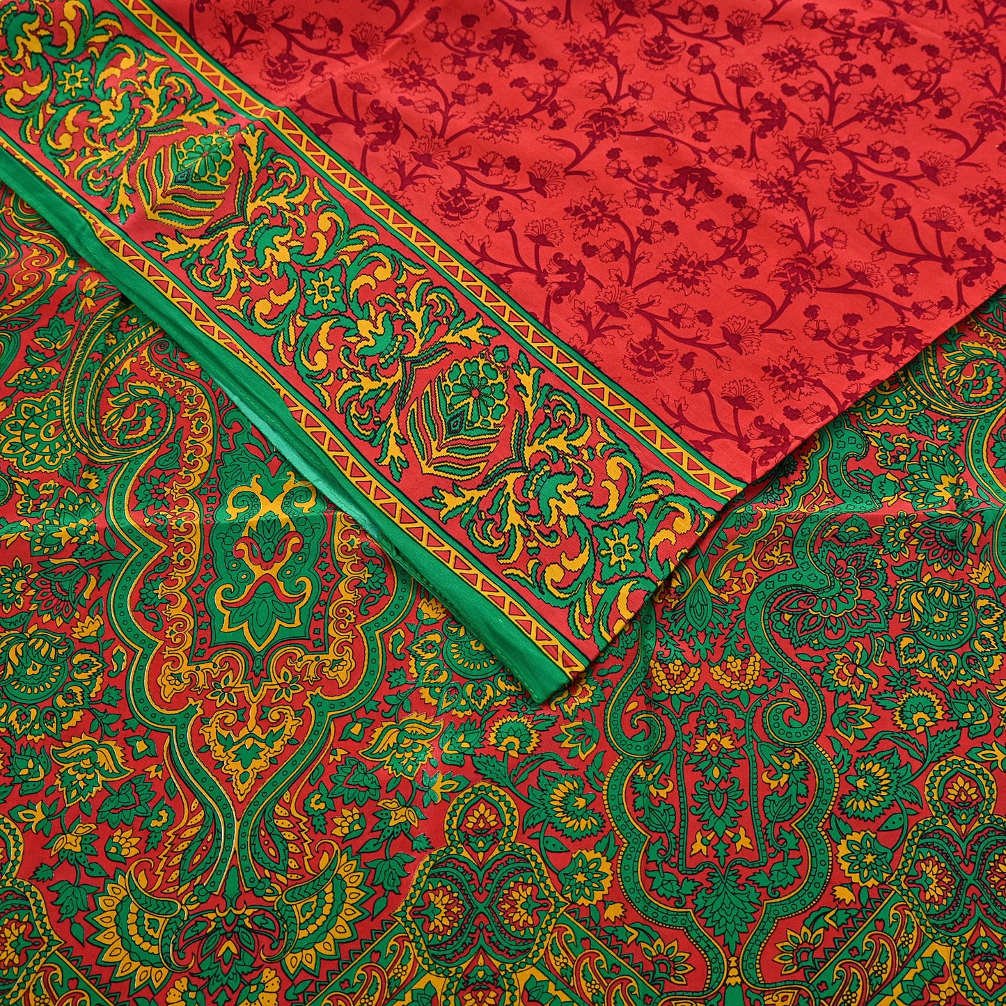 EXCELLENT QUALITY Indian Vintage Orange & Green Saree Pure Crepe Silk Printed Sari 6yd Sewing Floral Soft Craft Fabric Wrap Dress Making