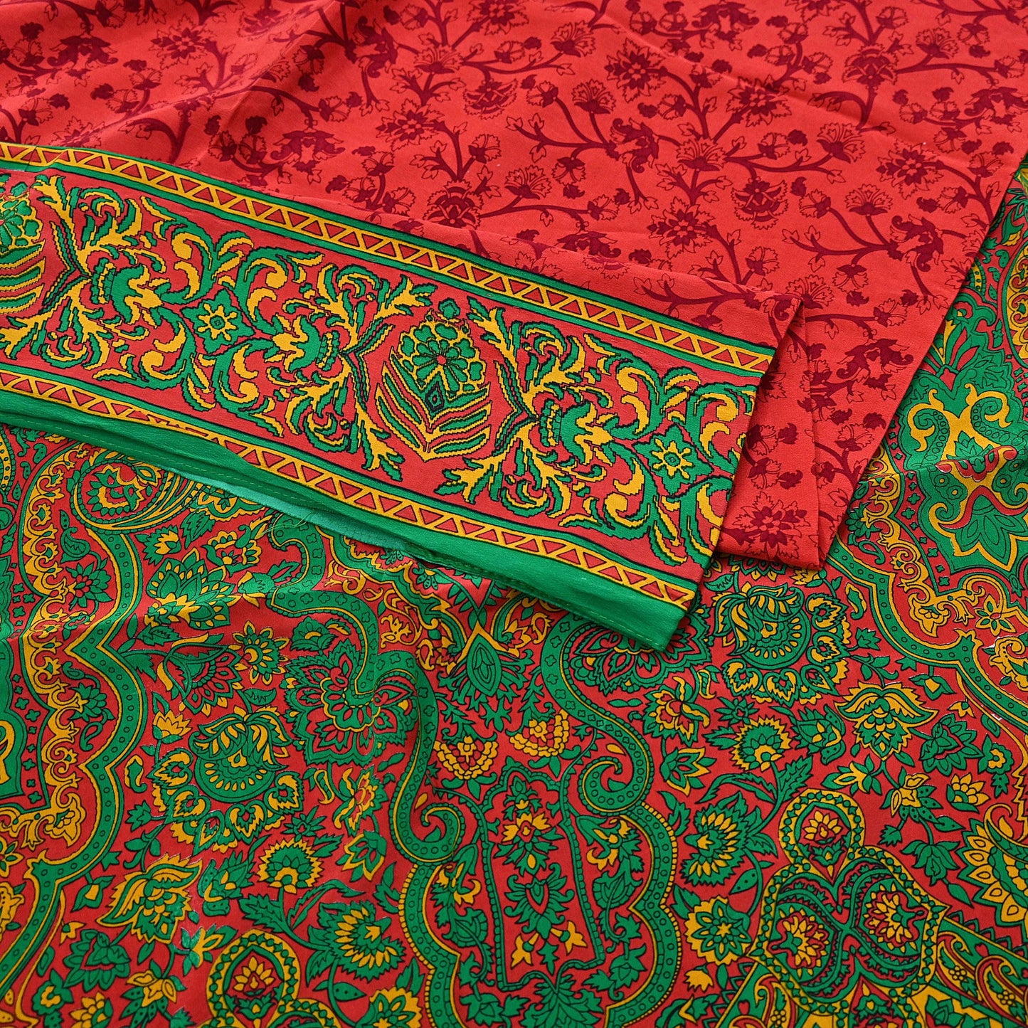 EXCELLENT QUALITY Indian Vintage Orange & Green Saree Pure Crepe Silk Printed Sari 6yd Sewing Floral Soft Craft Fabric Wrap Dress Making