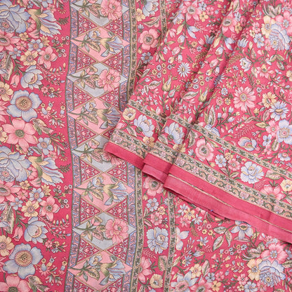 Indian Vintage Sari Pink Pure Crepe Silk Printed Saree 5yard Sewing Quilting Floral Soft Craft Fabric Wrap
