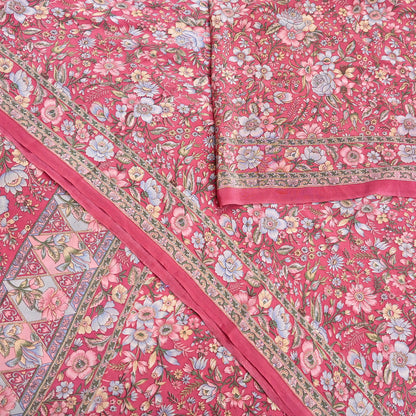 Indian Vintage Sari Pink Pure Crepe Silk Printed Saree 5yard Sewing Quilting Floral Soft Craft Fabric Wrap