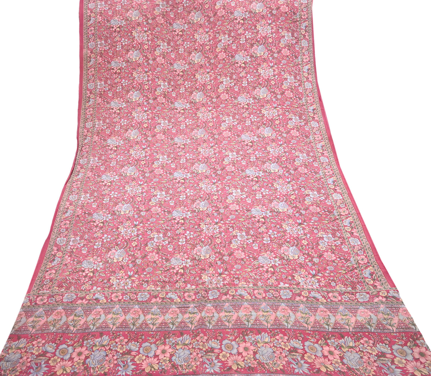 Indian Vintage Sari Pink Pure Crepe Silk Printed Saree 5yard Sewing Quilting Floral Soft Craft Fabric Wrap