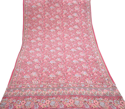 Indian Vintage Sari Pink Pure Crepe Silk Printed Saree 5yard Sewing Quilting Floral Soft Craft Fabric Wrap