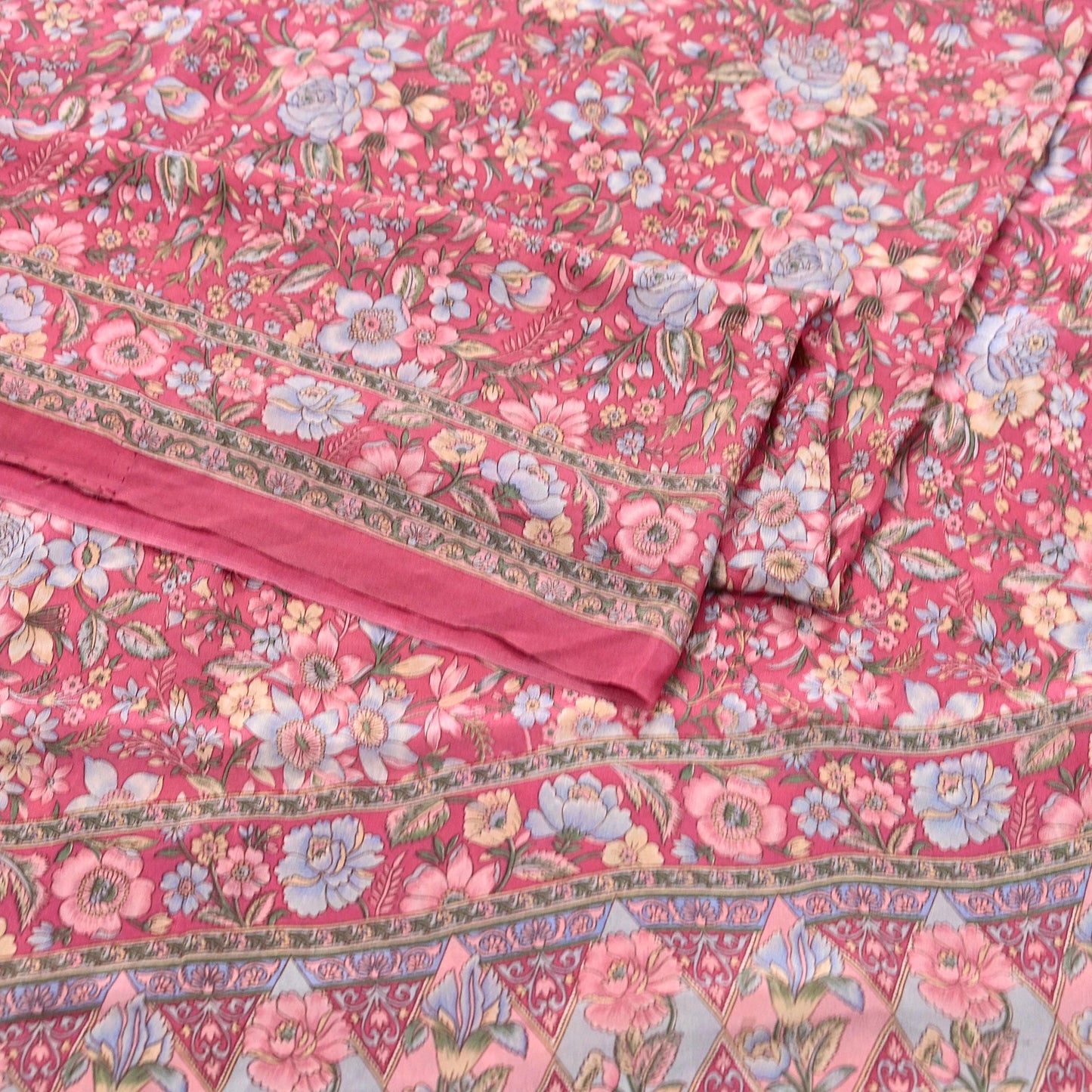 Indian Vintage Sari Pink Pure Crepe Silk Printed Saree 5yard Sewing Quilting Floral Soft Craft Fabric Wrap