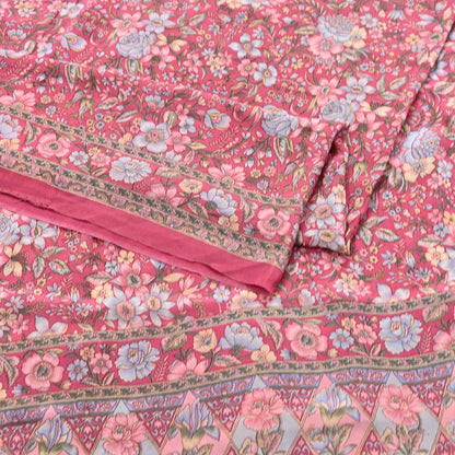 Indian Vintage Sari Pink Pure Crepe Silk Printed Saree 5yard Sewing Quilting Floral Soft Craft Fabric Wrap