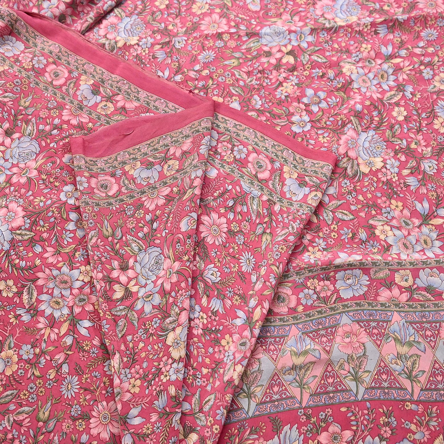 Indian Vintage Sari Pink Pure Crepe Silk Printed Saree 5yard Sewing Quilting Floral Soft Craft Fabric Wrap