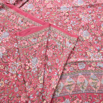 Indian Vintage Sari Pink Pure Crepe Silk Printed Saree 5yard Sewing Quilting Floral Soft Craft Fabric Wrap