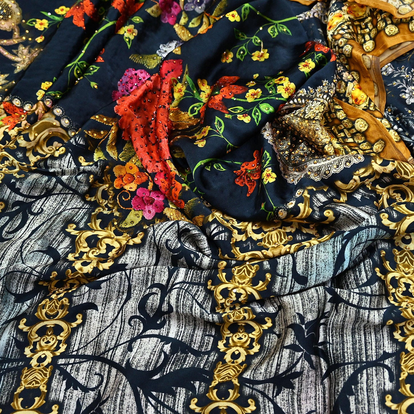 Indian Vintage Saree Gray & Black Pure Satin Silk Digital hand beaded Printed Sari 6yd Sewing Soft Craft Fabric Dress Making Crafting