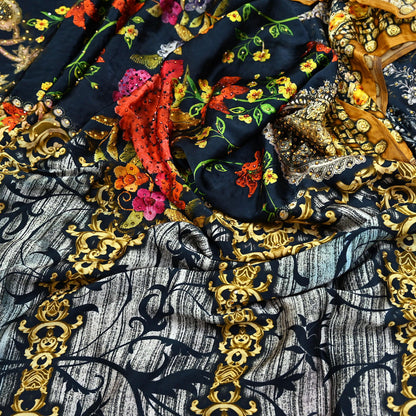 Indian Vintage Saree Gray & Black Pure Satin Silk Digital hand beaded Printed Sari 6yd Sewing Soft Craft Fabric Dress Making Crafting