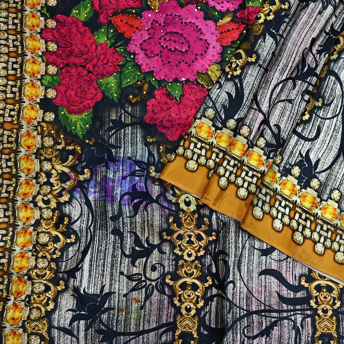 Indian Vintage Saree Gray & Black Pure Satin Silk Digital hand beaded Printed Sari 6yd Sewing Soft Craft Fabric Dress Making Crafting