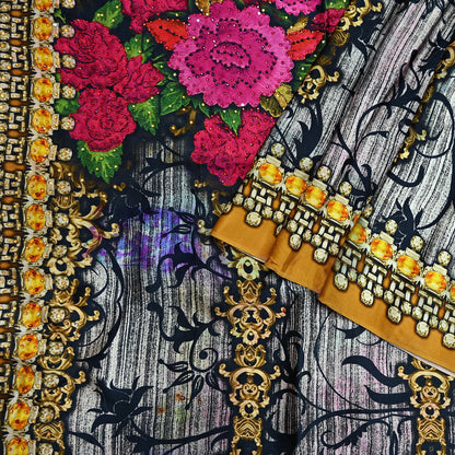Indian Vintage Saree Gray & Black Pure Satin Silk Digital hand beaded Printed Sari 6yd Sewing Soft Craft Fabric Dress Making Crafting