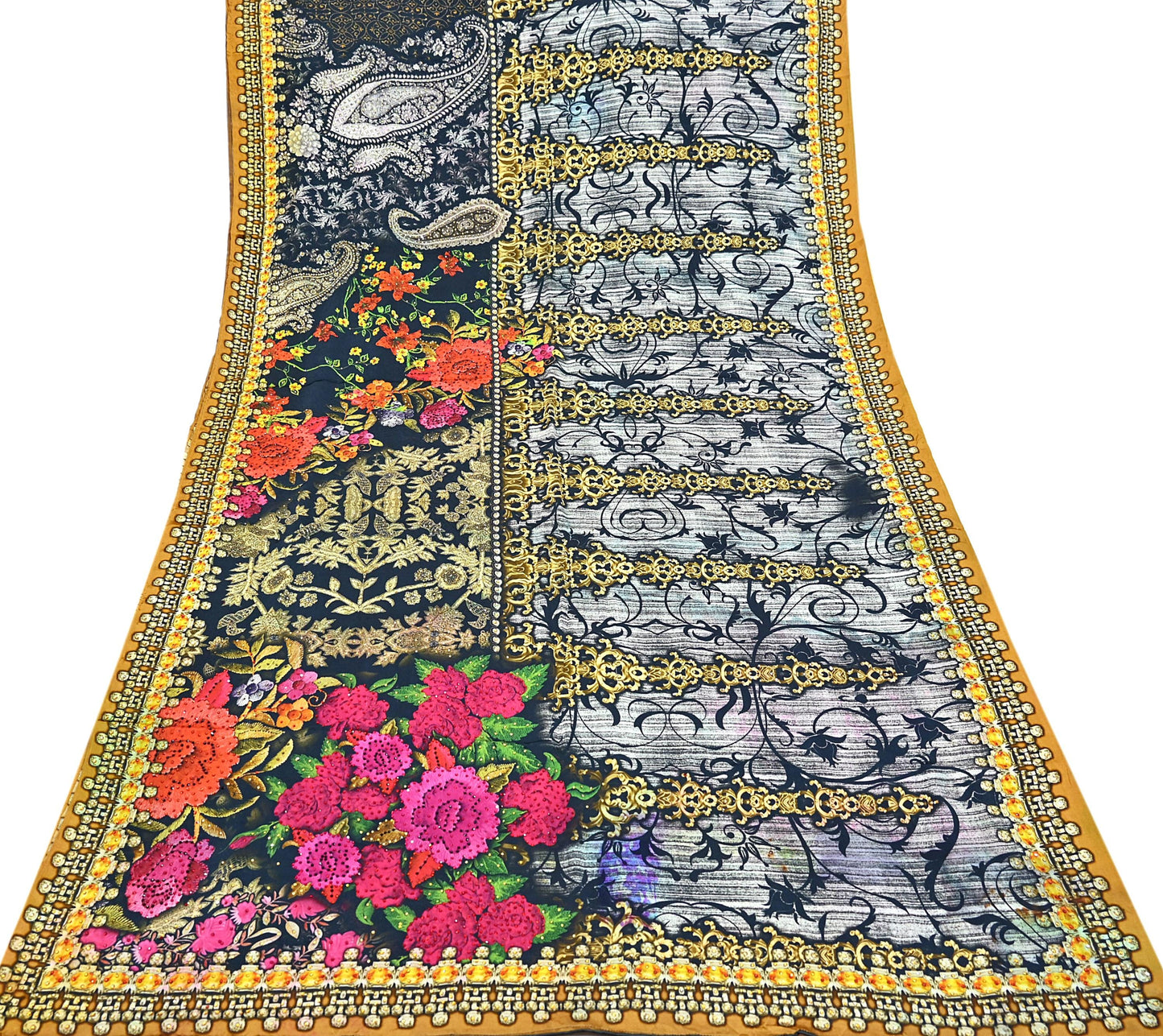 Indian Vintage Saree Gray & Black Pure Satin Silk Digital hand beaded Printed Sari 6yd Sewing Soft Craft Fabric Dress Making Crafting